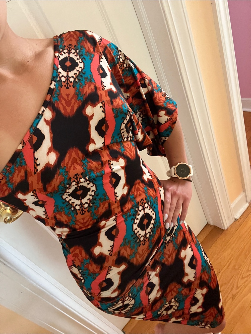 Multicolor One-Shoulder Dress in Black, Teal, Rust & Cream